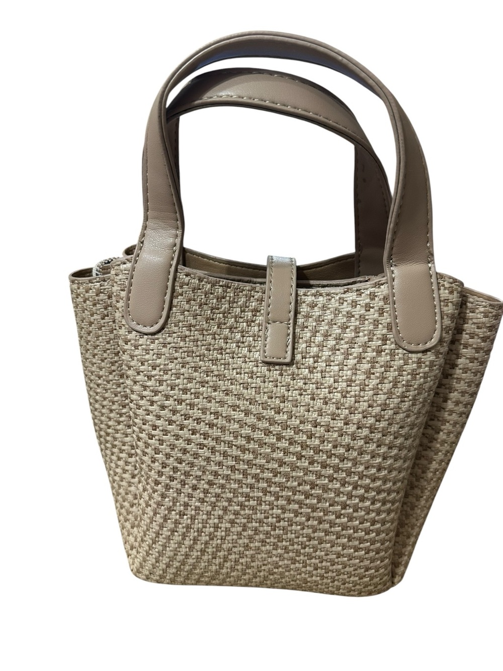 Beige Woven Tote Bag with Leather Trim - Picture 2 of 5
